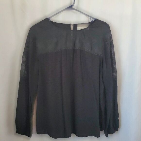 Loft Black Blouse Lace Yoke long sleeves Large Rayon Polyester keyhole EUC - Picture 3 of 12